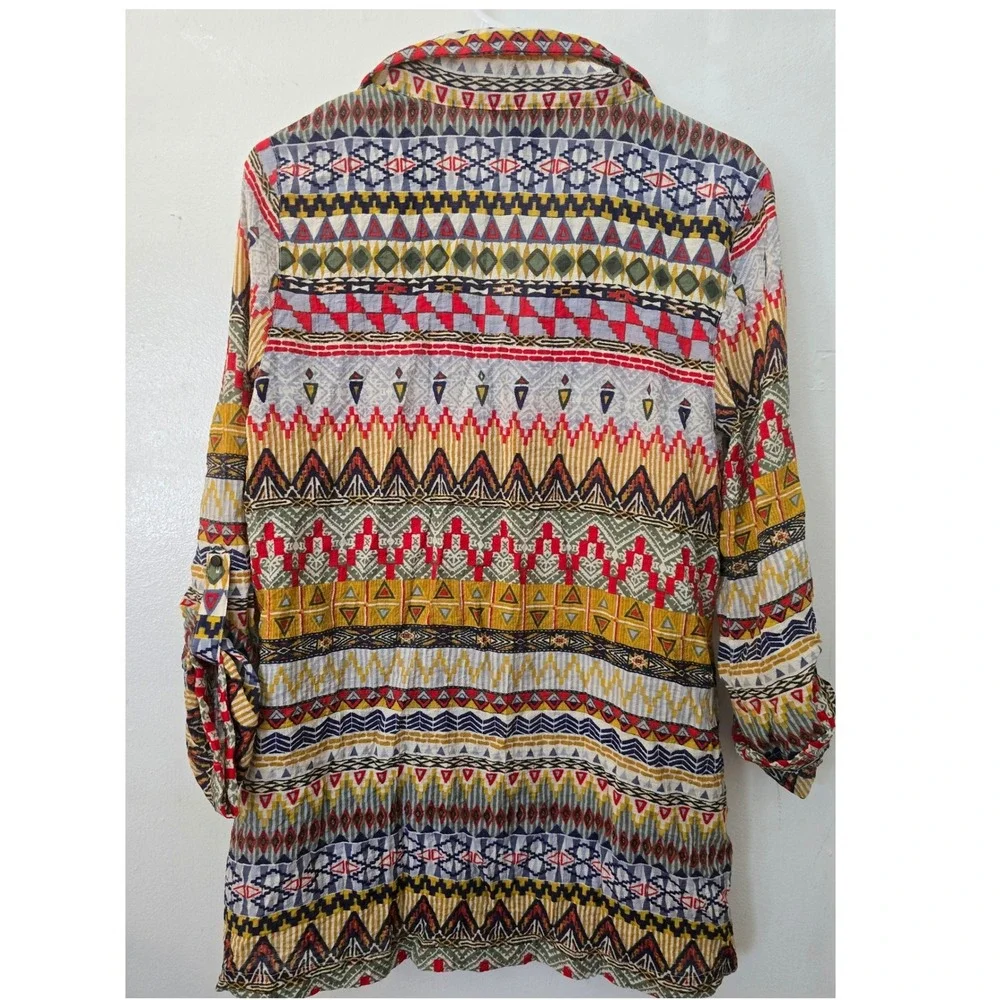Multiples Womens Southwestern Geometric Boho Zip Up Roll Tab Sleeve Jacket Small